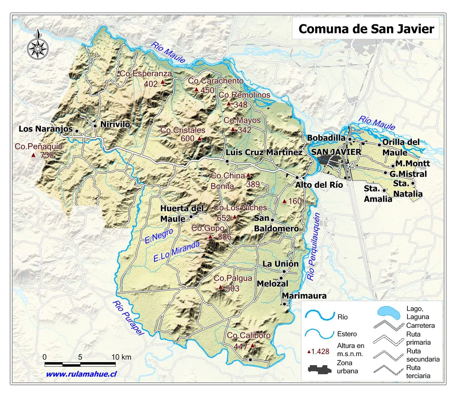 Mapa físico de la comuna de San Javier de Loncomilla